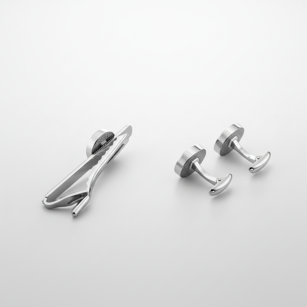 Silver tie clip and cufflinks on a gray background
