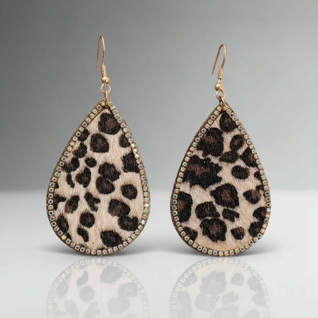 Leopard print teardrop earrings with gold accents on a gray background