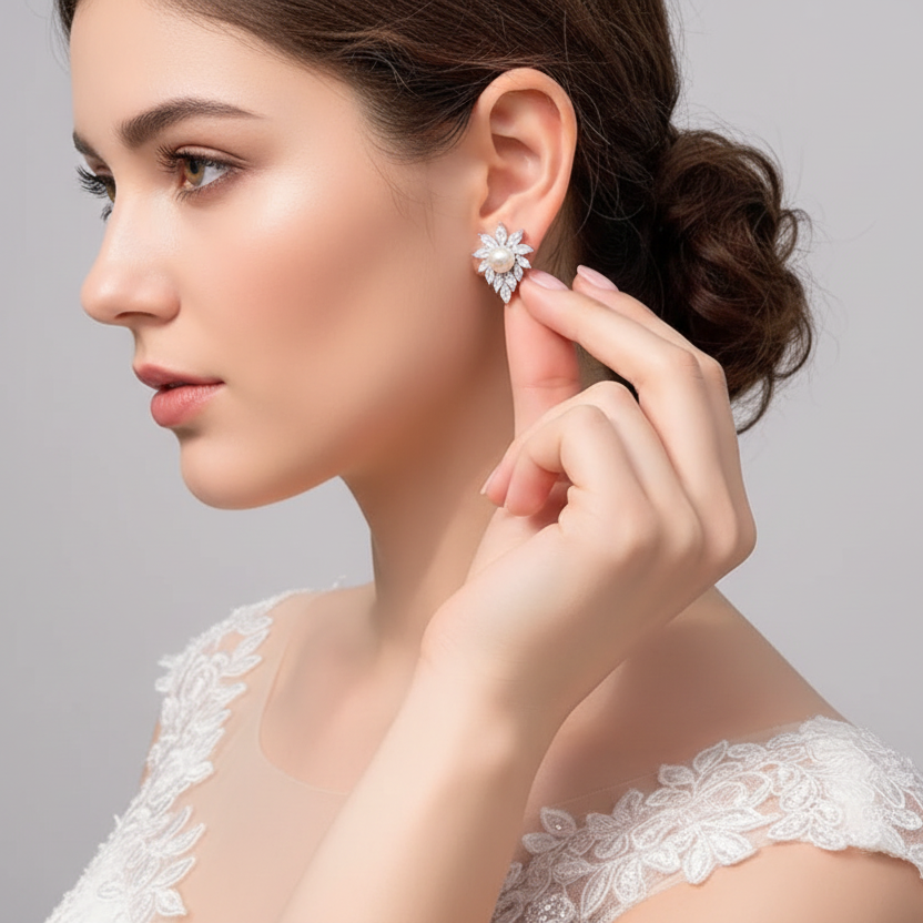 Pearl Rhinestone Clip Earrings