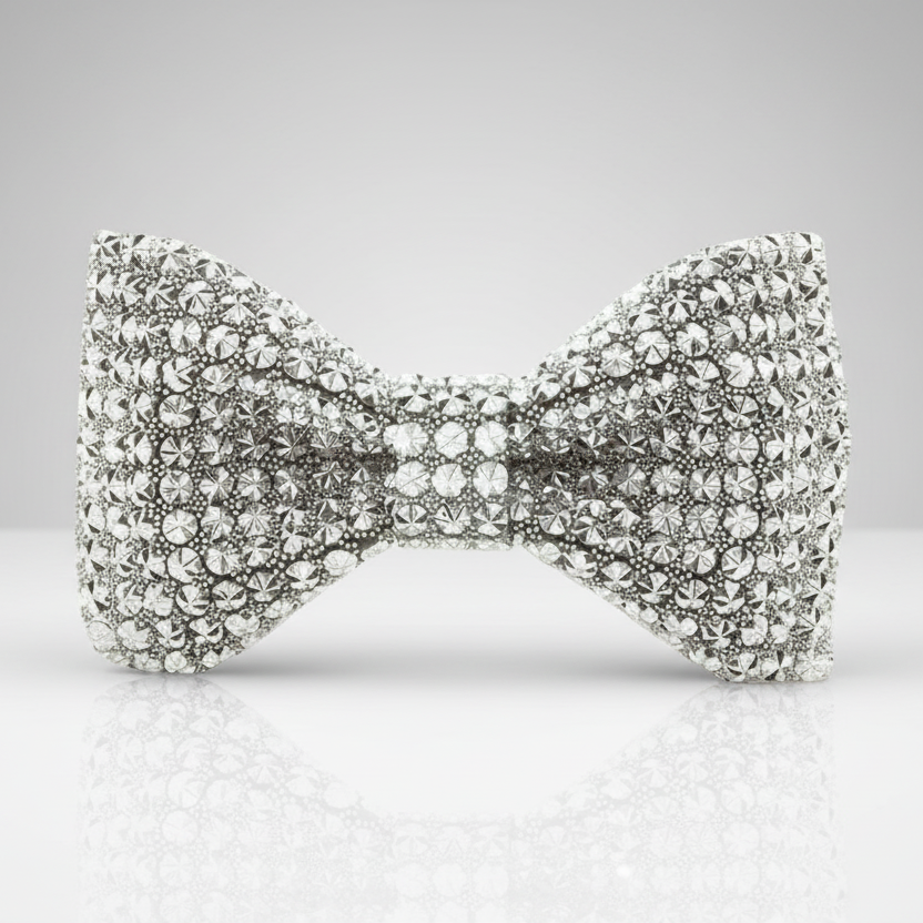 A beaded bowtie with silver stars and snowflake-shaped acrylic studs on a white background.