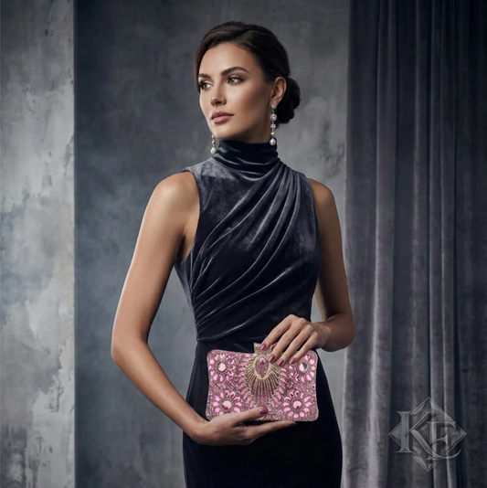 A woman in a black velvet sleeveless dress holds a lavender embellished clutch with a gold fan-shaped clasp against a gray draped backdrop.