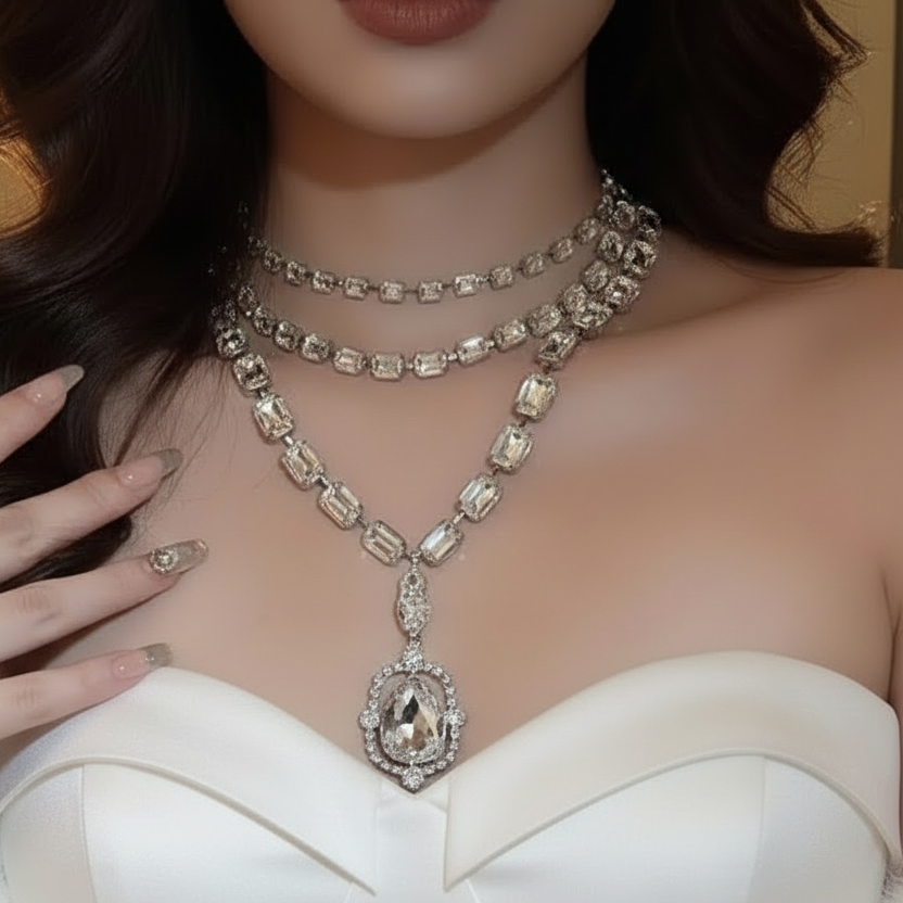 Woman wearing a luxurious diamond necklace with a blurred background