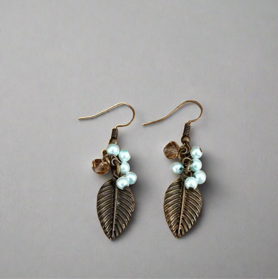 Bronze Leaf Pearl Dangle Earrings