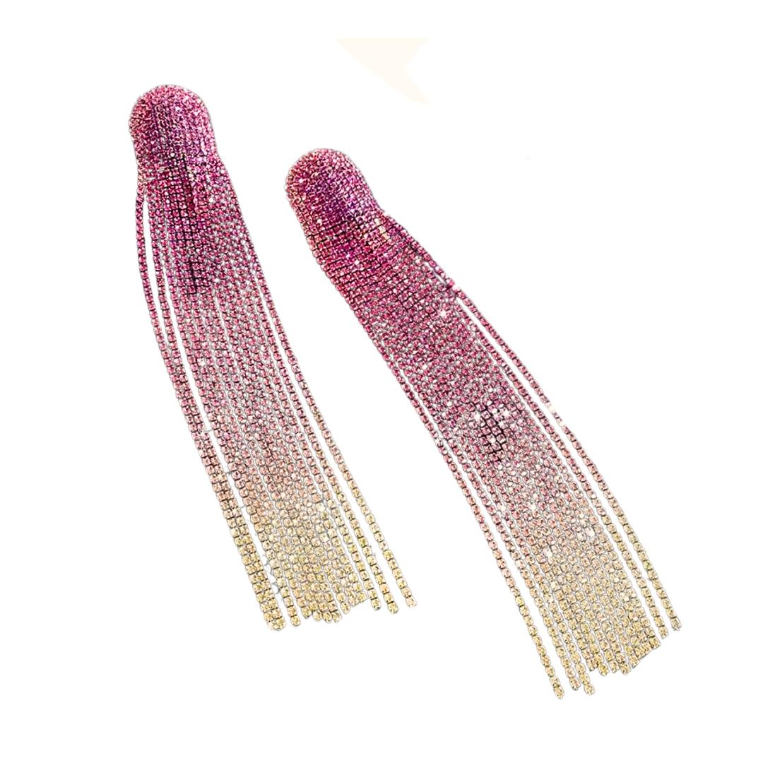A pair of elegant tassel earrings with a gradient color transition from purple to gold rhinestones.