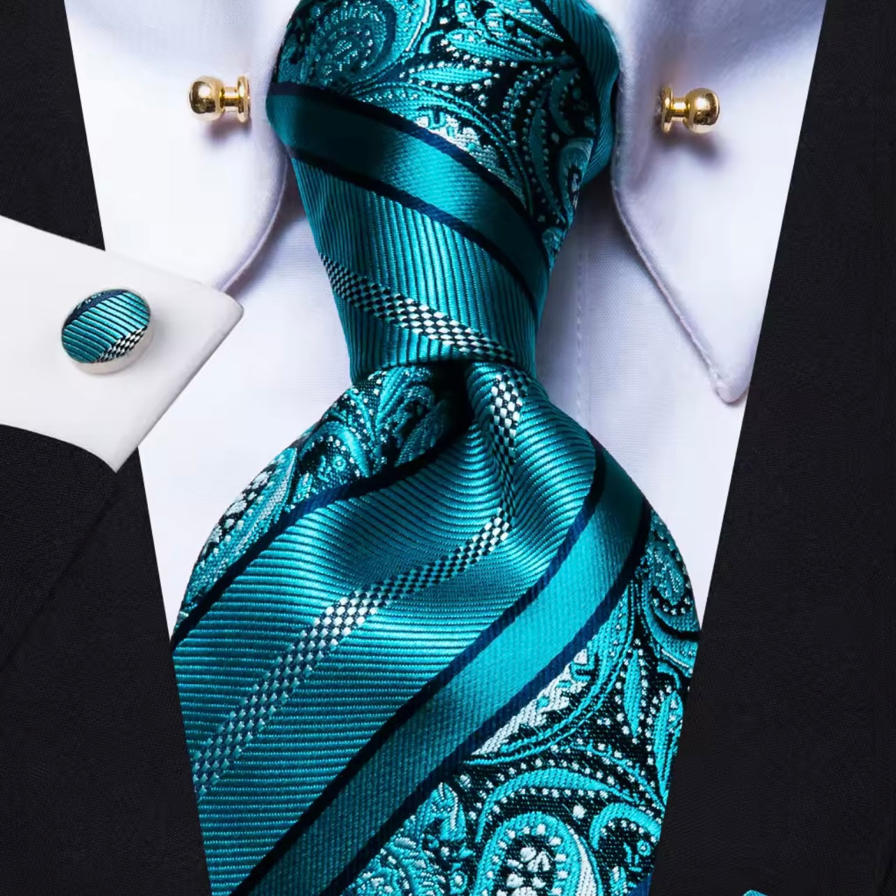 Teal Paisley Stripe Necktie Set