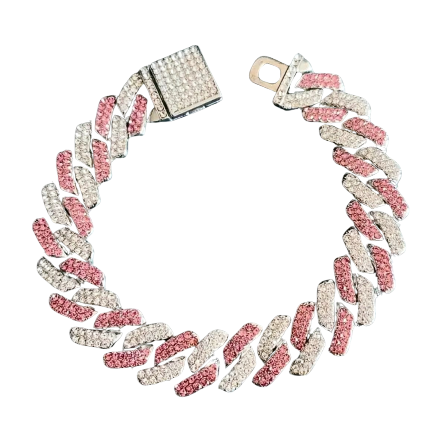 A bracelet with a silver-tone cuban chain design, featuring alternating pink and clear rhinestones.