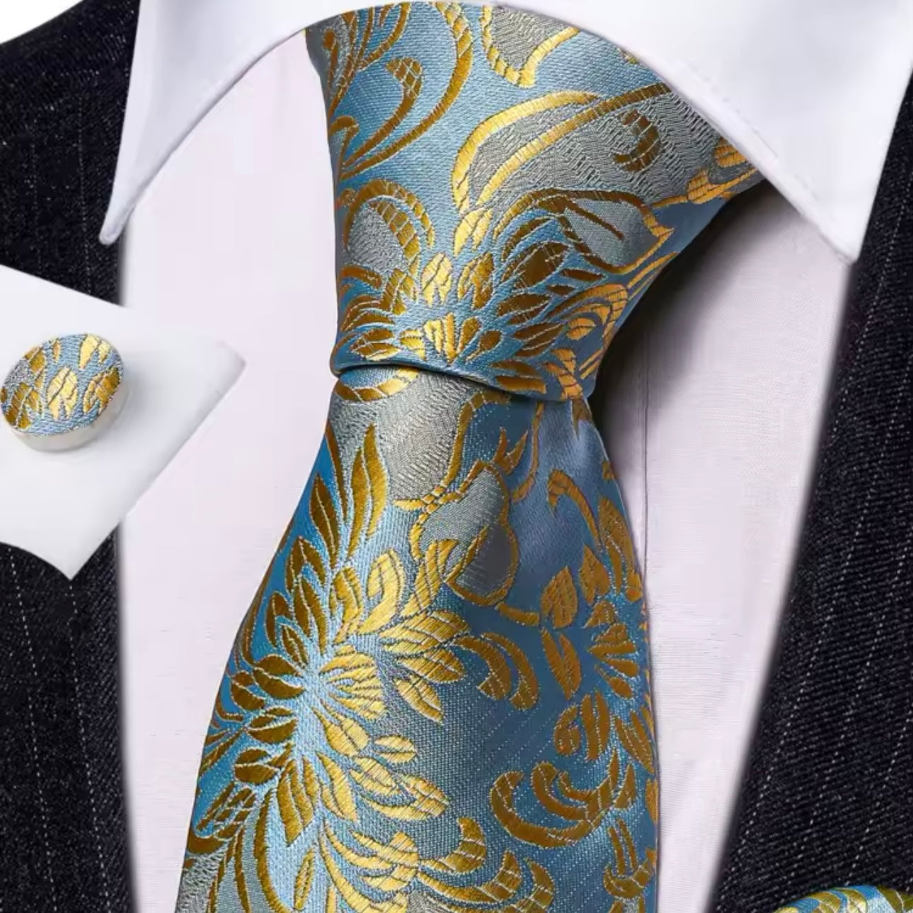 Cornflower Blue & Gold Floral Scroll Necktie Set