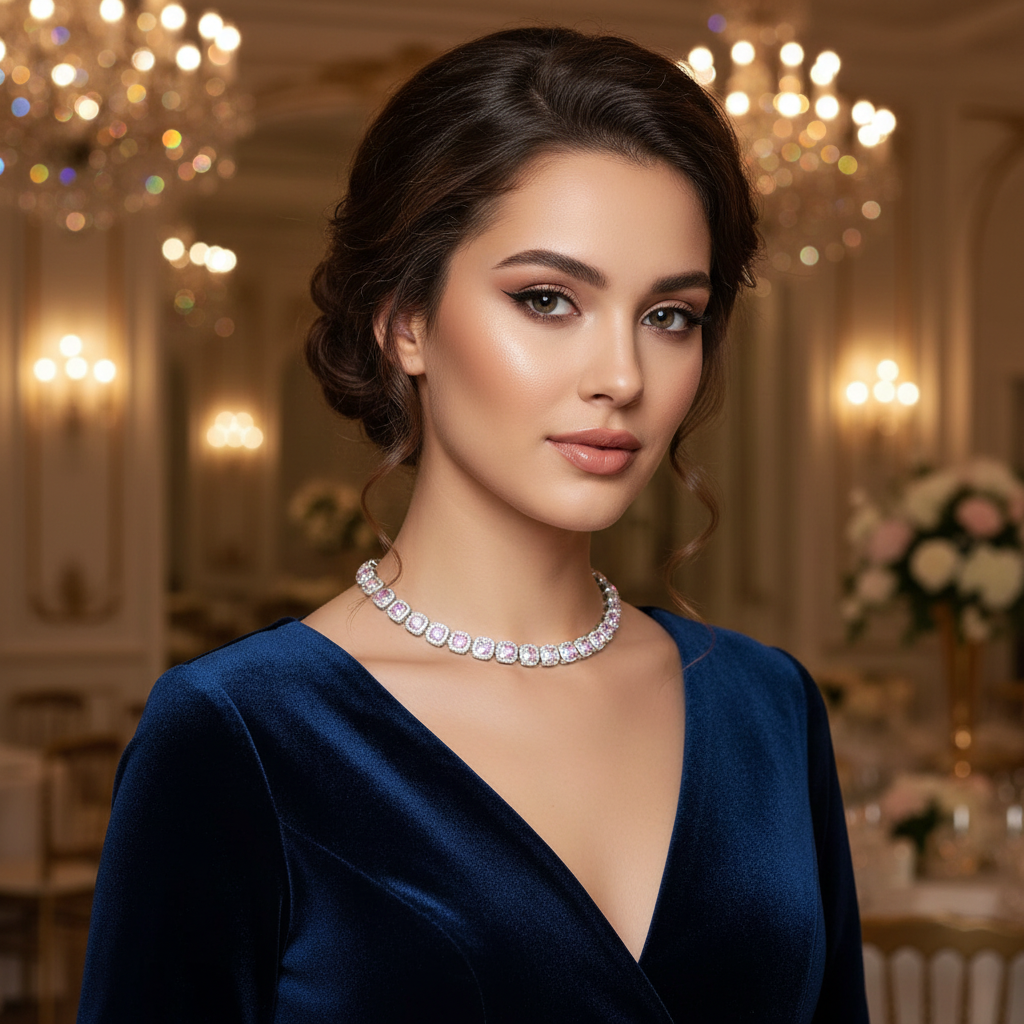 Woman wearing an iridescent necklace in an elegant indoor setting