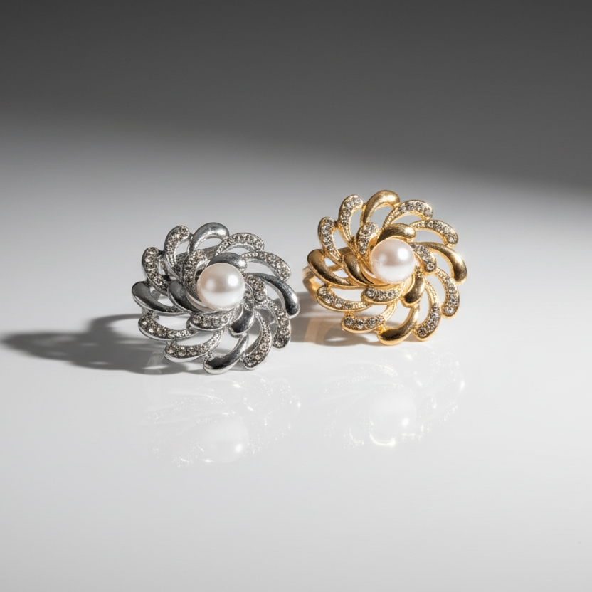Two faux pearl brooches, one silver and one gold, on a reflective surface with a gray background.