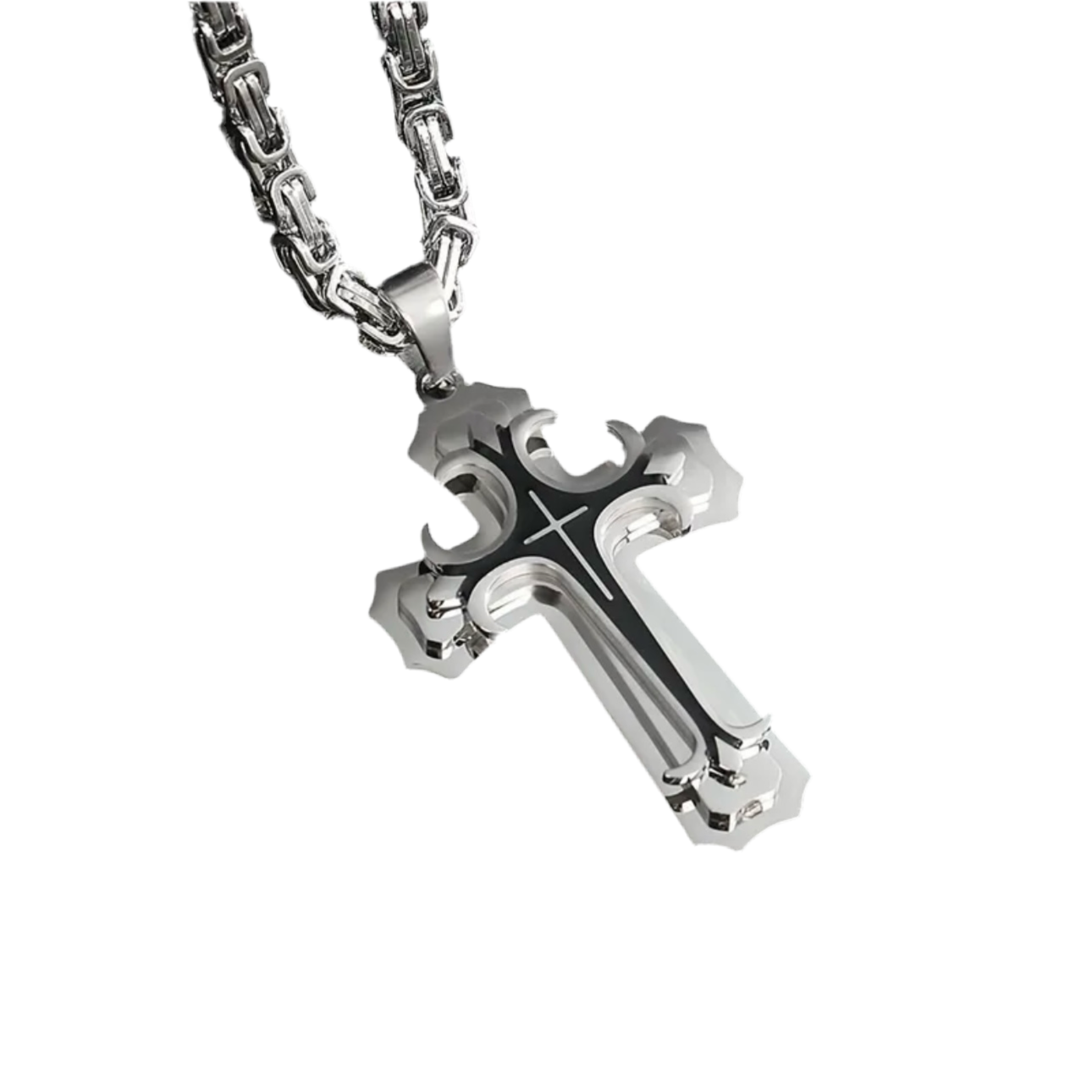 Silver Black Cross Steel Necklace