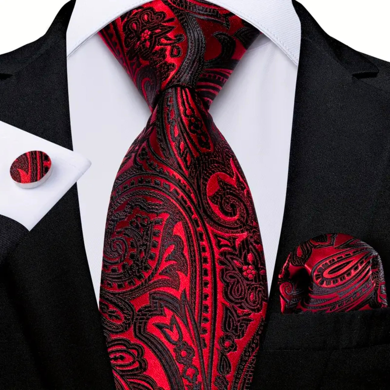 Red & Black Scroll Suspenders Bowtie Set