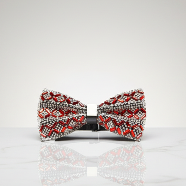 A red and clear rhinestone-studded bowtie with a black strap.