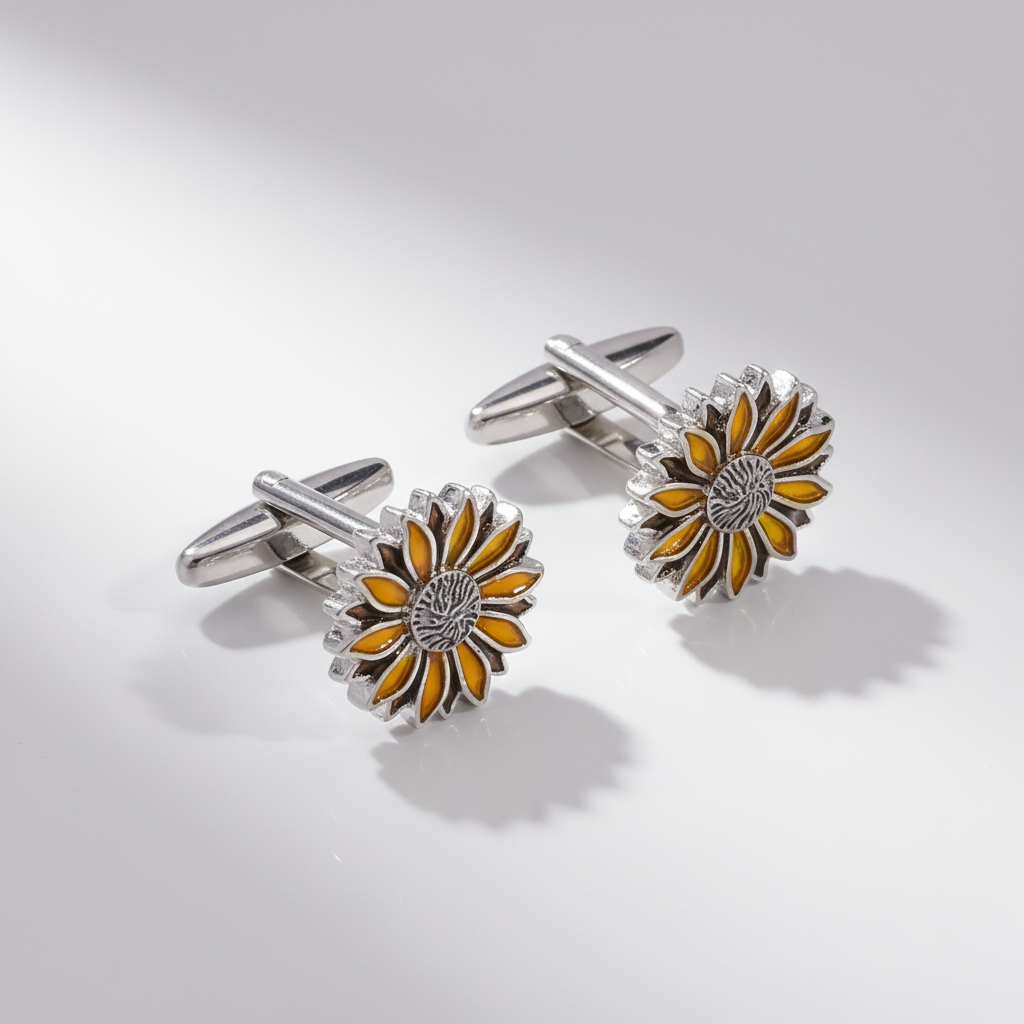 Sunflower-shaped cufflinks with silver and orange design on a light gray background