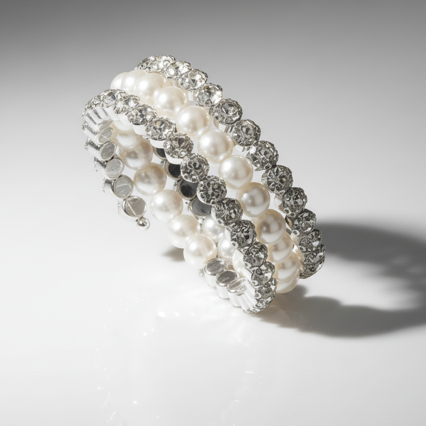 Pearl and crystal bracelet on a gray background