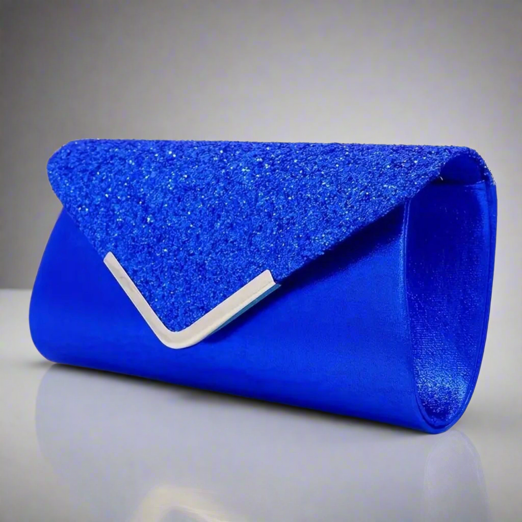 Glittery Metallic Royal Blue Clutch Evening Bag Jewelry Set