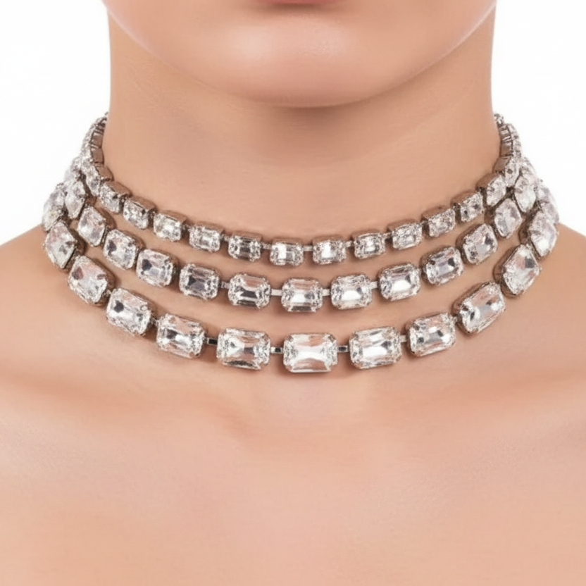 Necklace with clear gemstones.