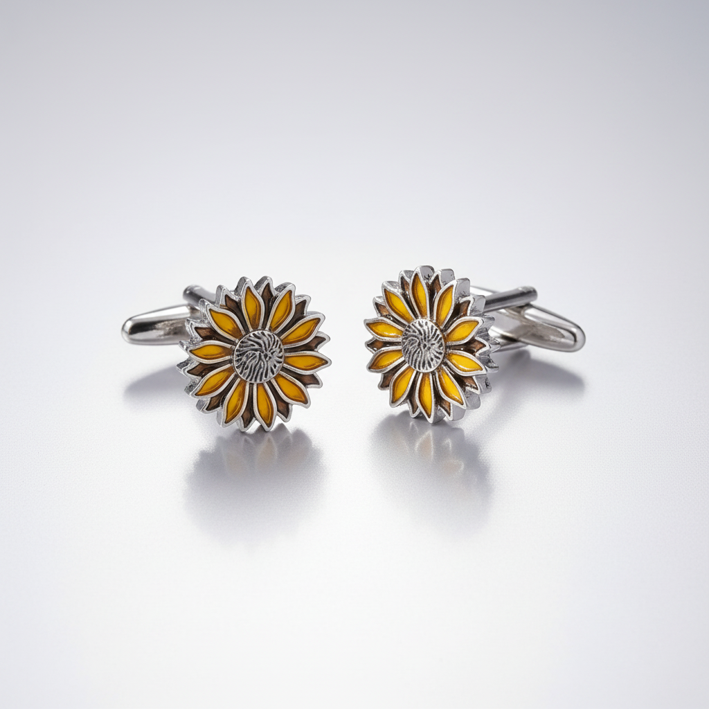 Sunflower-themed silver and yellow cufflinks on a white background