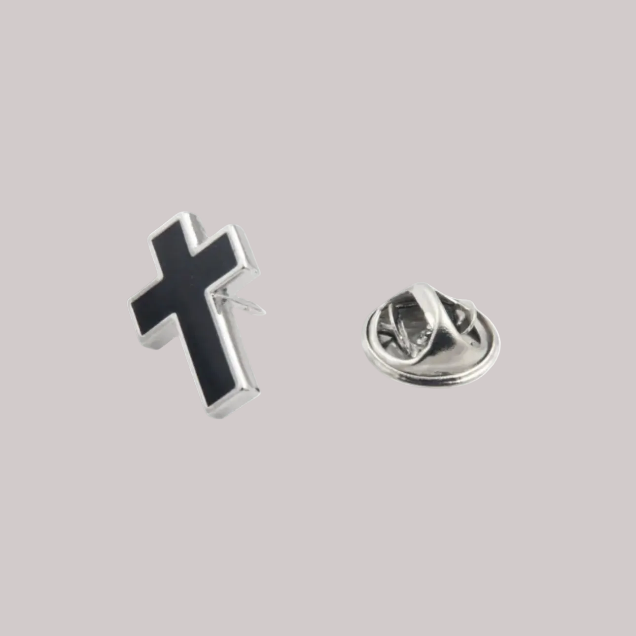 A black cross-shaped lapel pin with a silver tone edge, displayed against a white background.