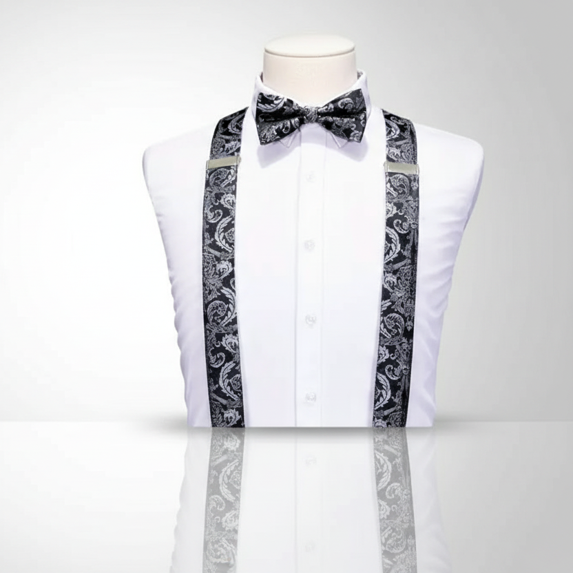 Silver Black Suspenders & Bow Tie Set