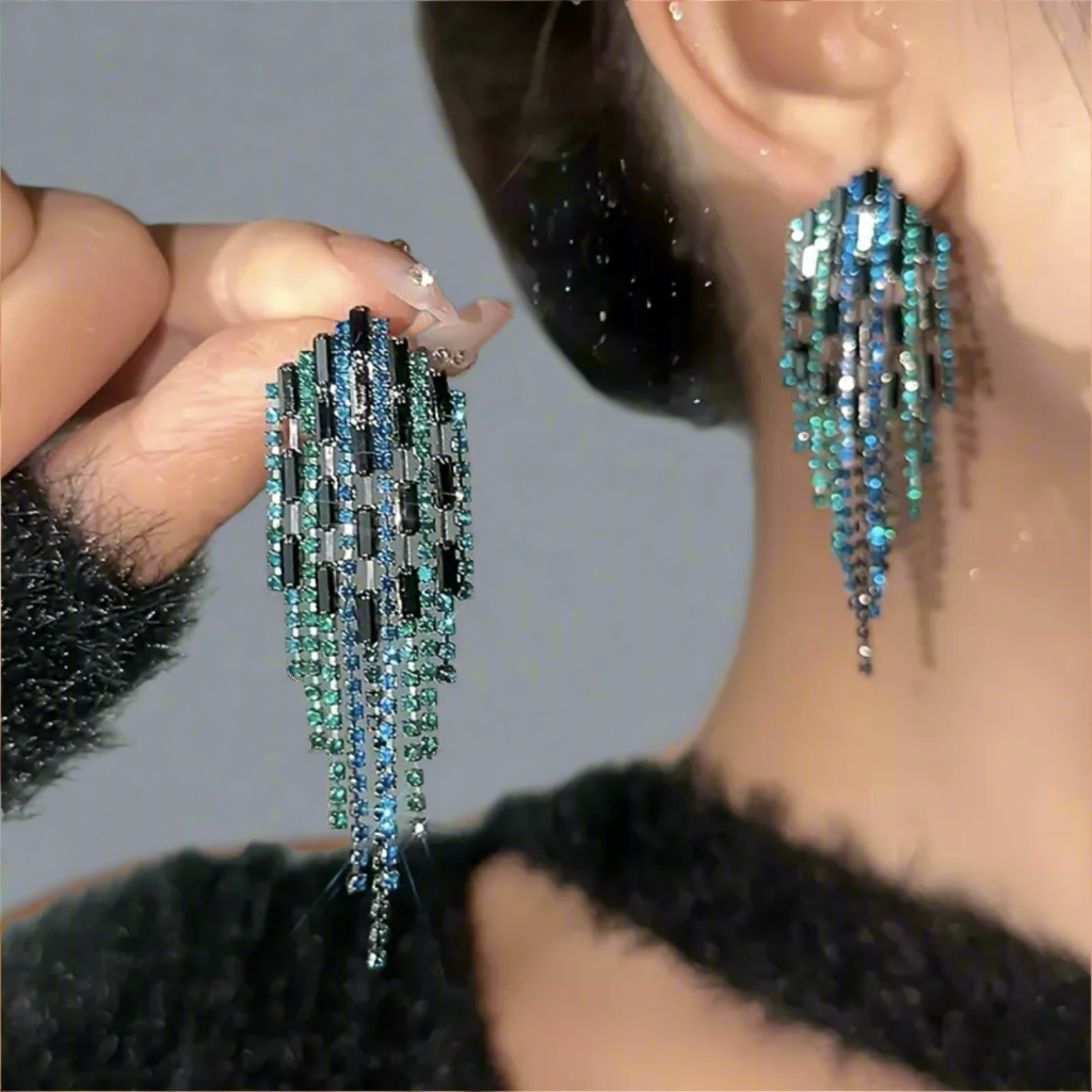 Peacock Hexagon Tassel Earrings