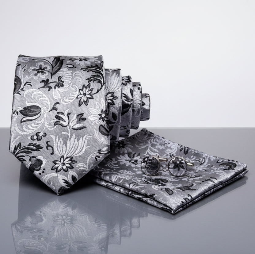 Silver Black Floral Necktie Set
