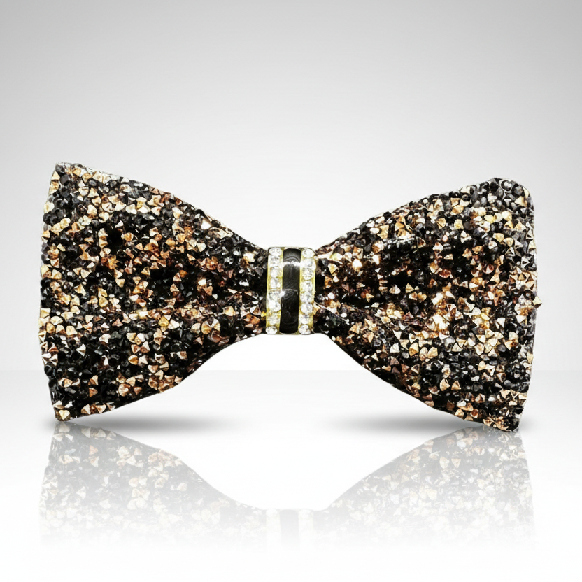 A black gold toffee rhinestone bowtie with a glittery texture.