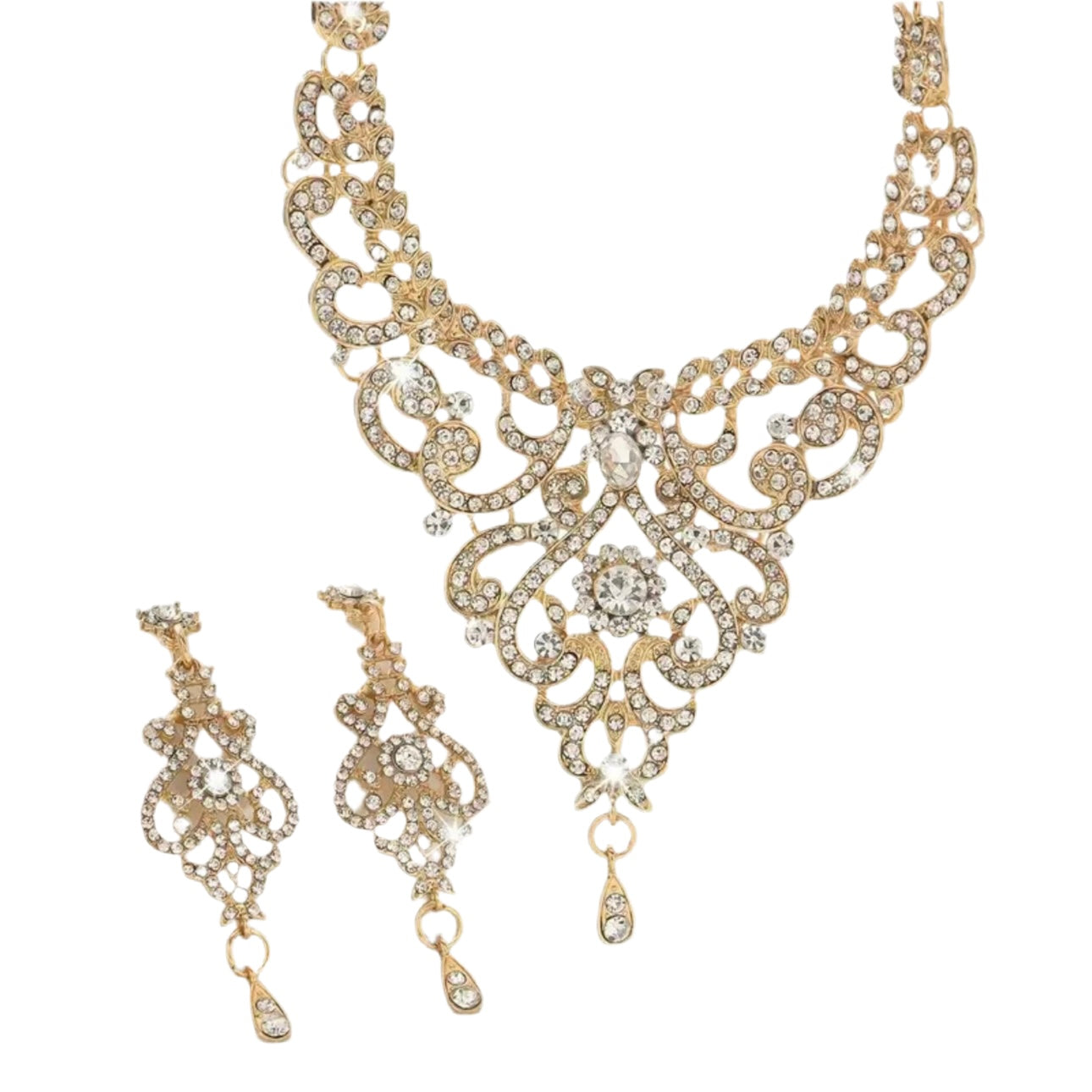A gold-toned jewelry set including a detailed necklace and a pair of pierced earrings, both adorned with clear rhinestones.
