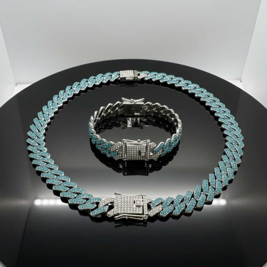 Aqua/Silver Cuban Chain Set