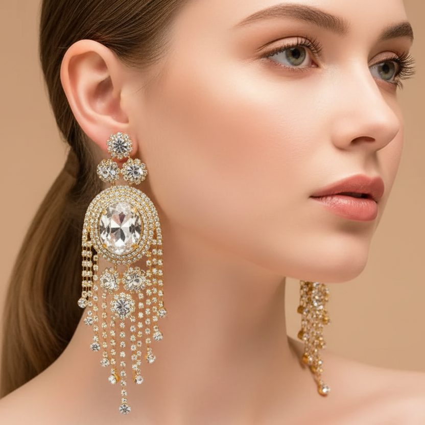 Close-up of a woman wearing sparkling gold earrings against a beige background