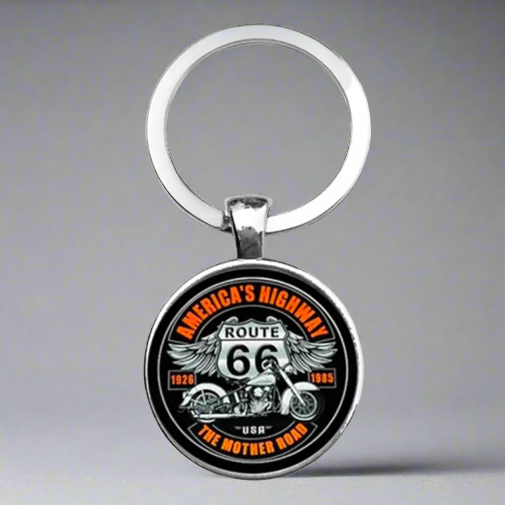 Motorcycle Route 66 Silver Keychain