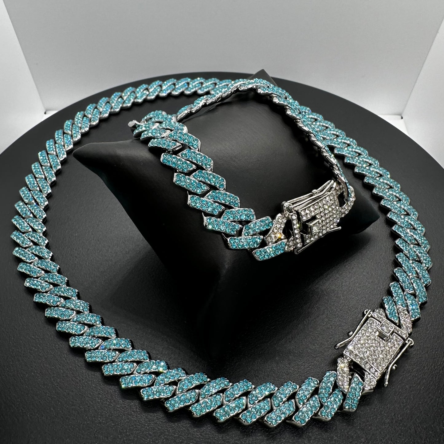 Aqua/Silver Cuban Chain Set