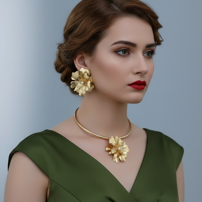 Woman wearing gold jewelry with a green dress against a gray background