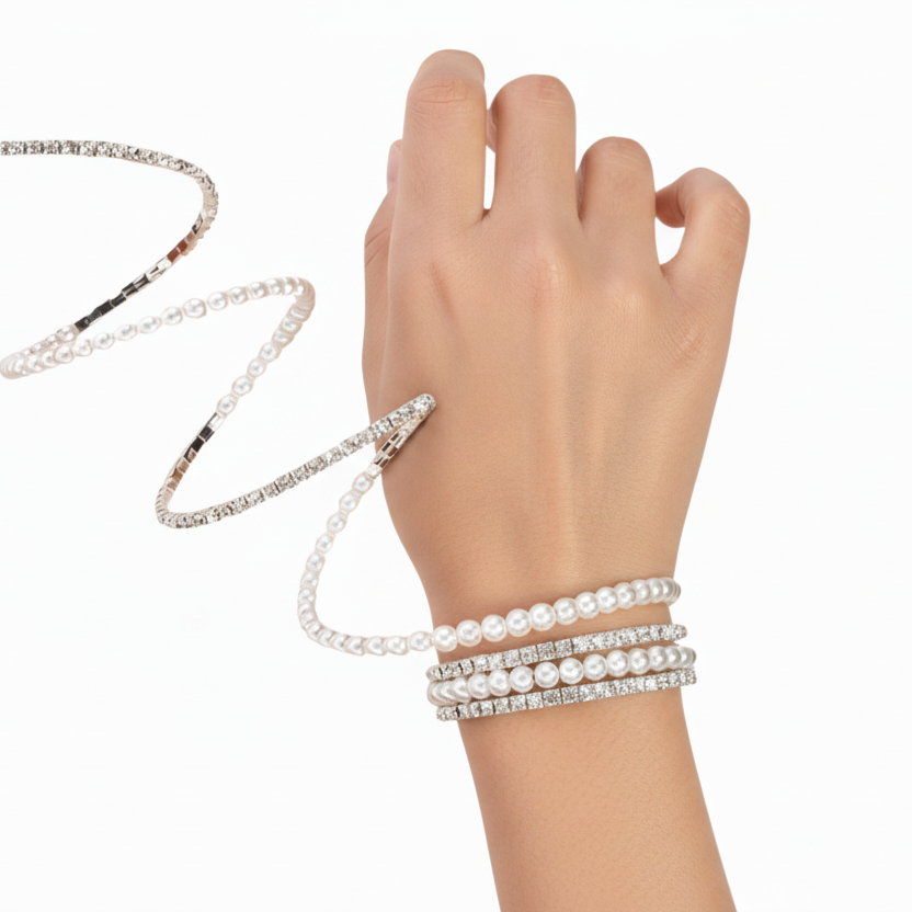 Pearls Rhinestones 7 Row Flexible Bracelet