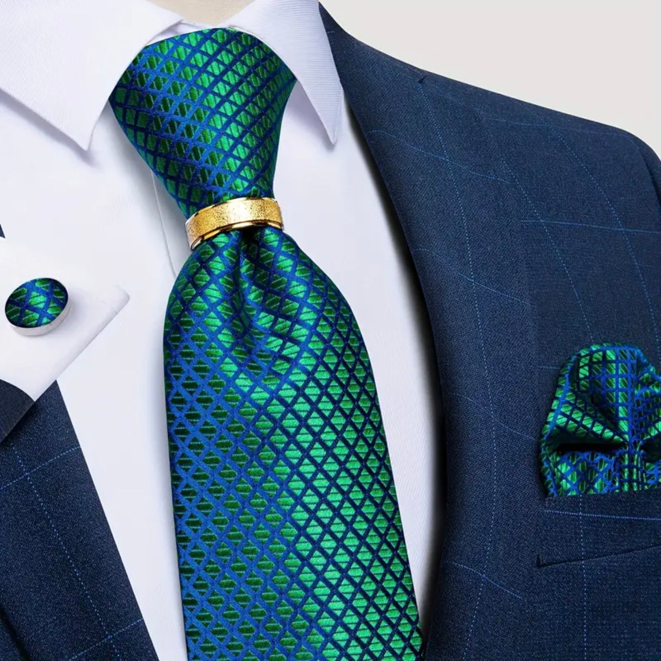 Green Blue Grid Necktie Set