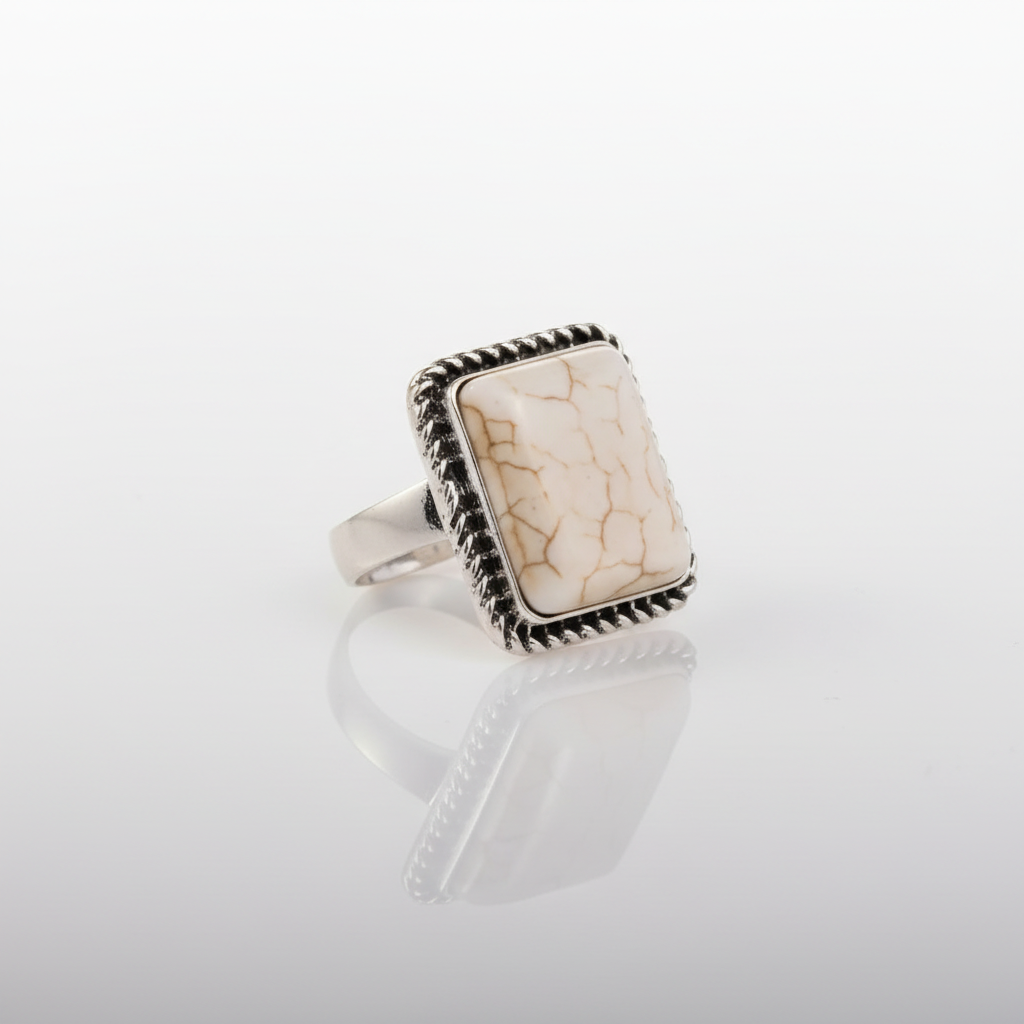 Ring with a rectangular stone and textured band on a white background
