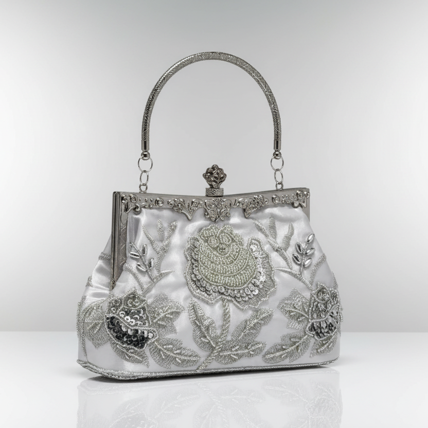 Silver Beaded Clutch Evening Bag