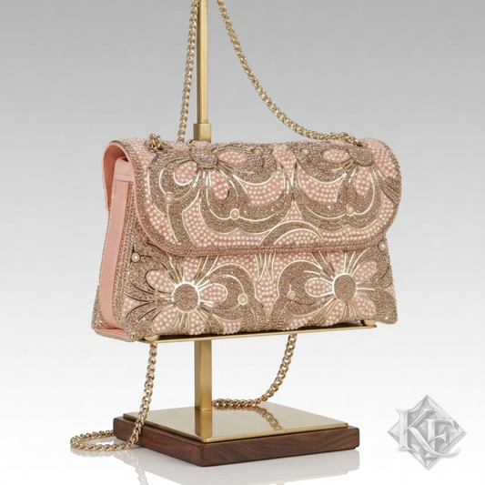 A peach blush and gold embellished shoulder bag with floral beadwork, displayed on a gold stand with a chain strap against a light gray background.