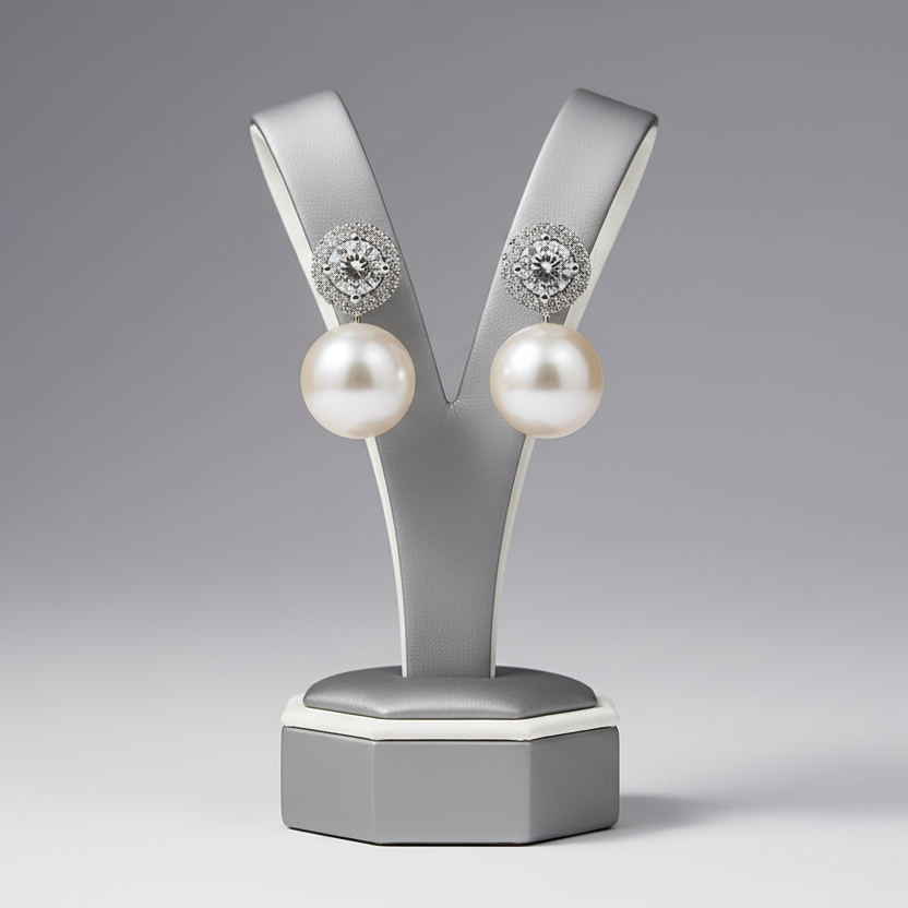 Pearl earrings on a gray stand against a gray background