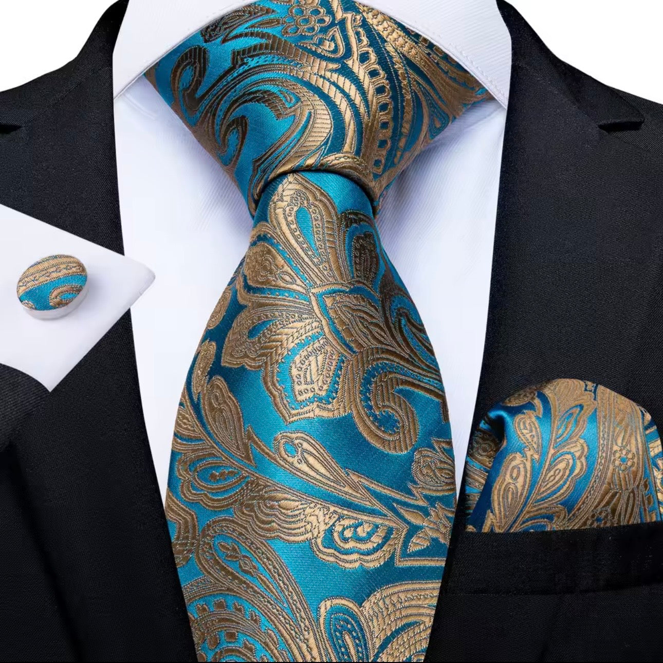 Tropical Blue Floral Scroll Necktie Set
