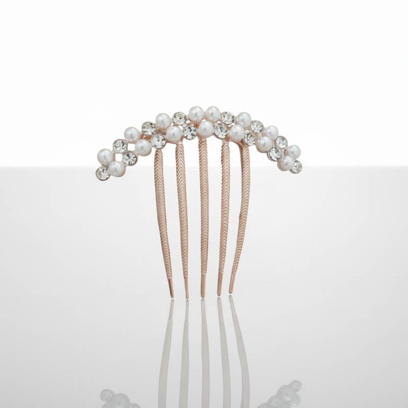 Decorative hair comb with pearls and crystals on a white background
