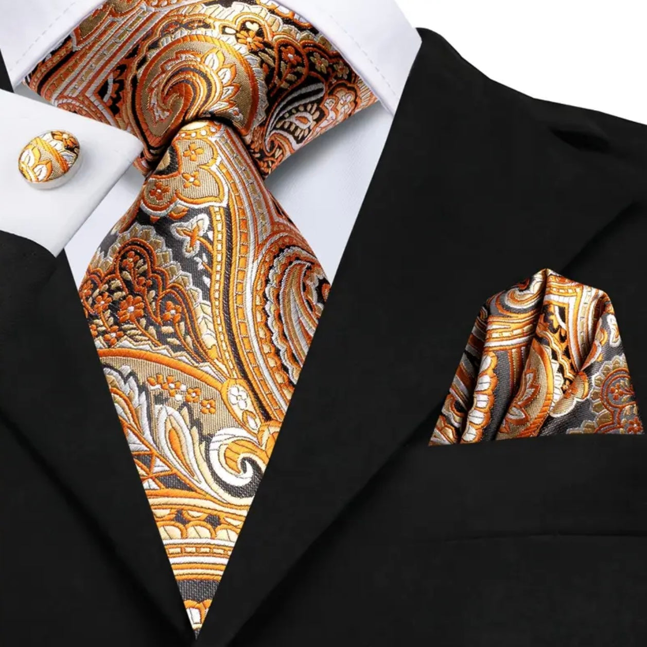 Orange Grey Paisley Necktie Set