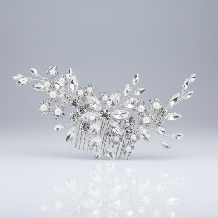 A silver hair comb adorned with clear rhinestones and seed pearls.
