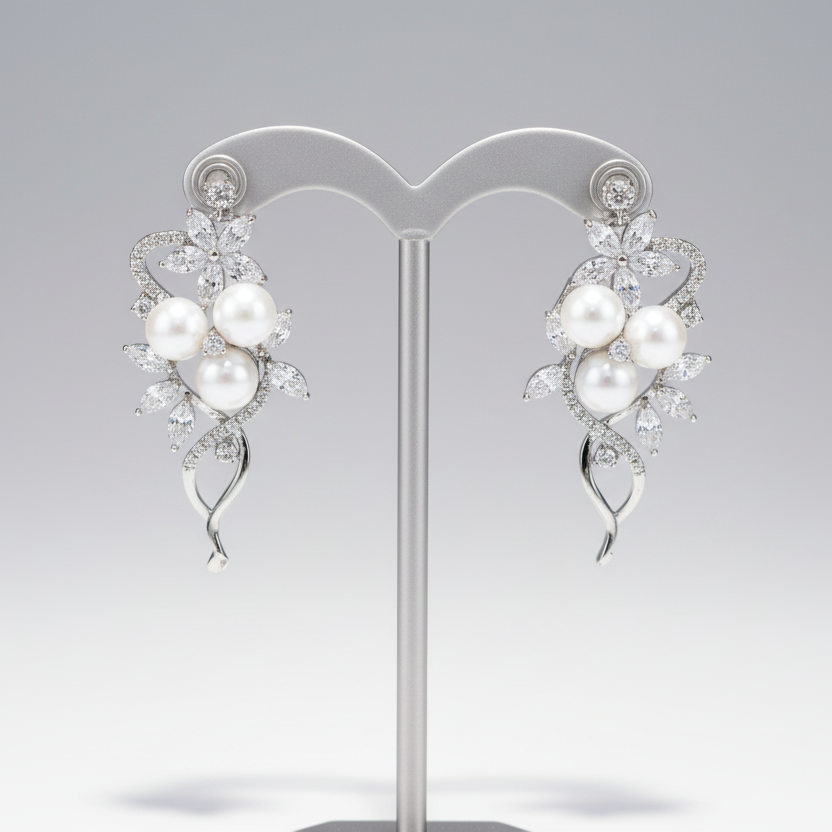 Pearl Rhinestone Rose Gold Flower Earrings