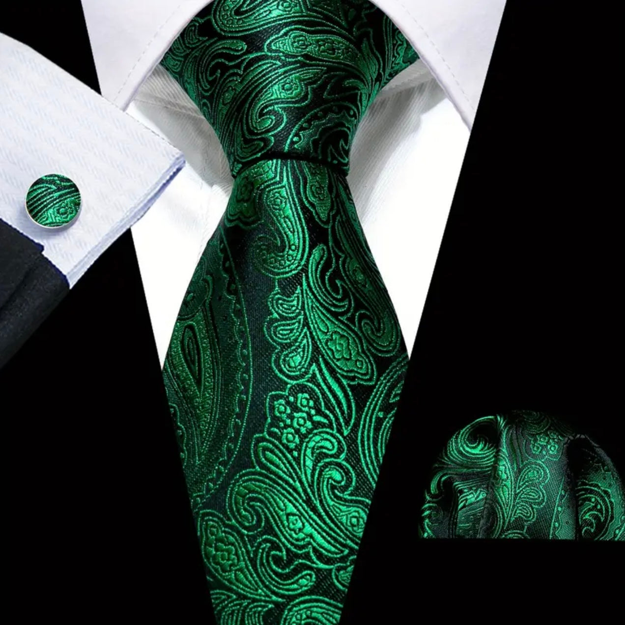 Green Black Paisley Necktie Set