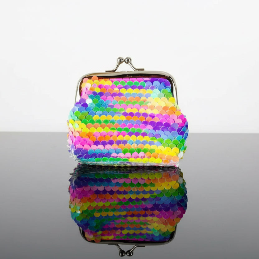 Colorful bead pouch with a metal clasp on a white background