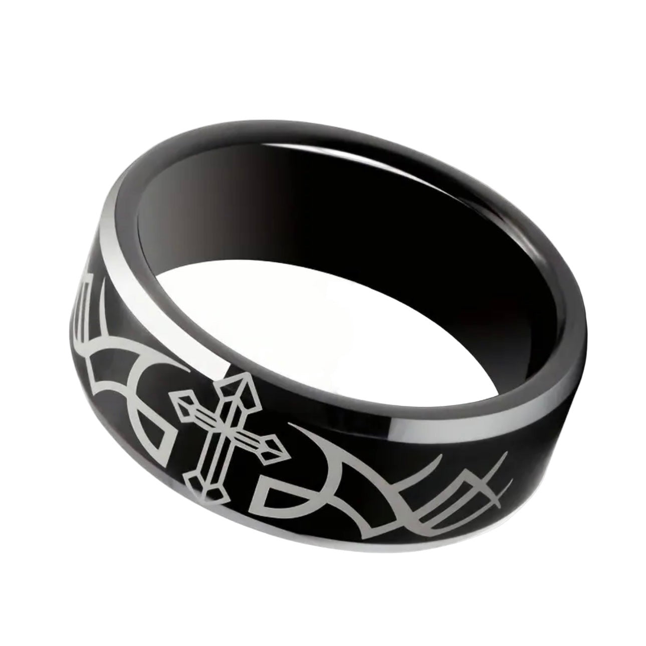Cross & Scrolls Banded Ring