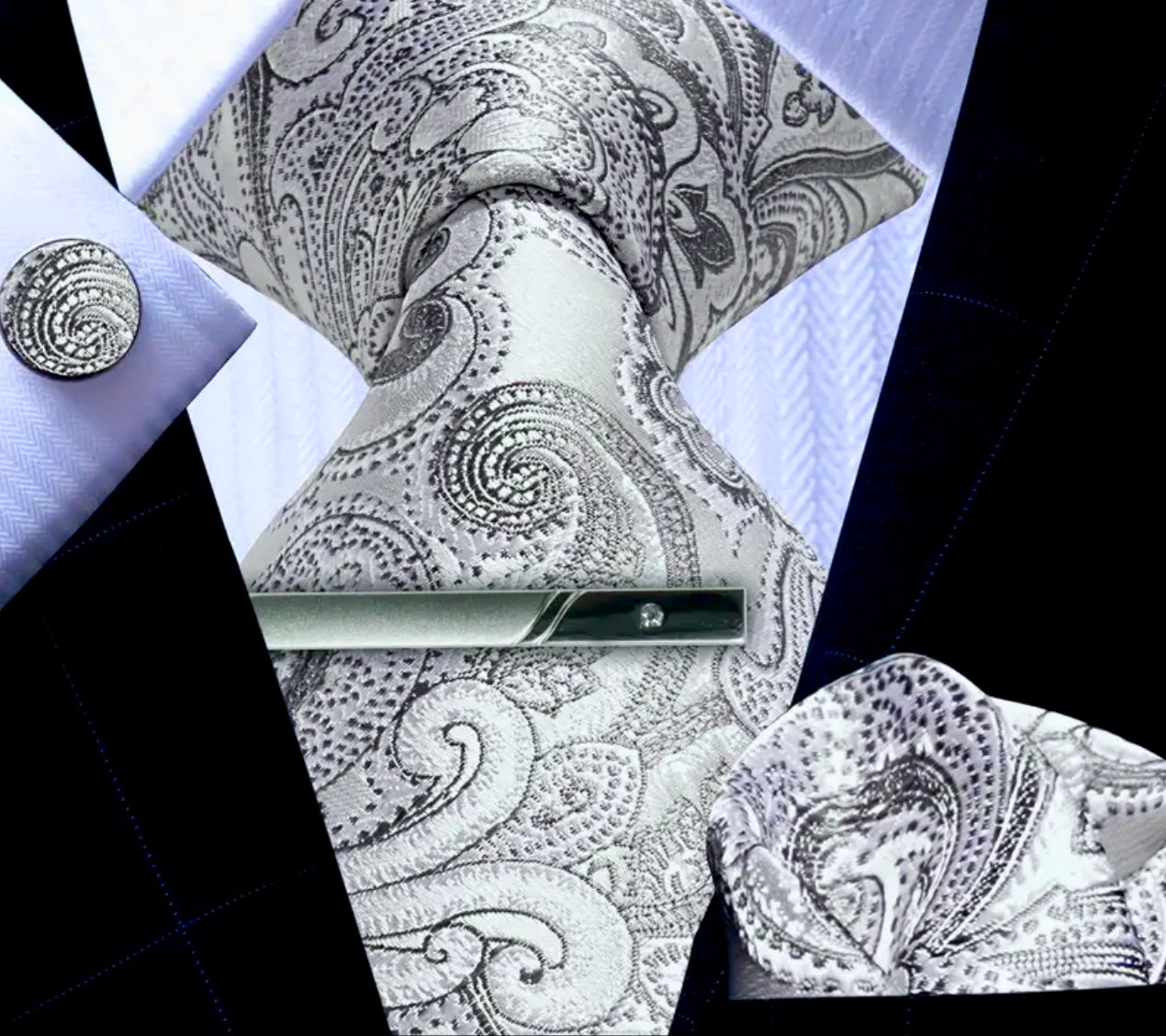 Silver Grey Paisley Necktie Set
