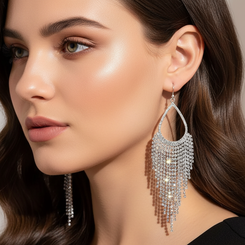 Close-up of a woman wearing sparkling silver earrings with a neutral background