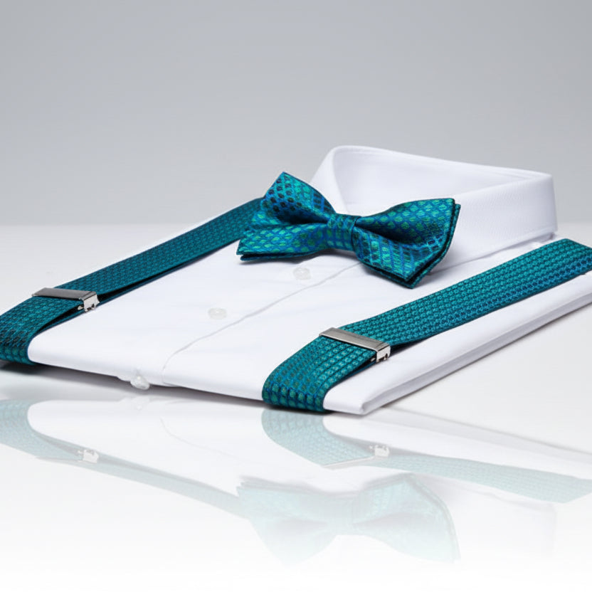 Green Blue Grid Suspenders & Bow Tie Set