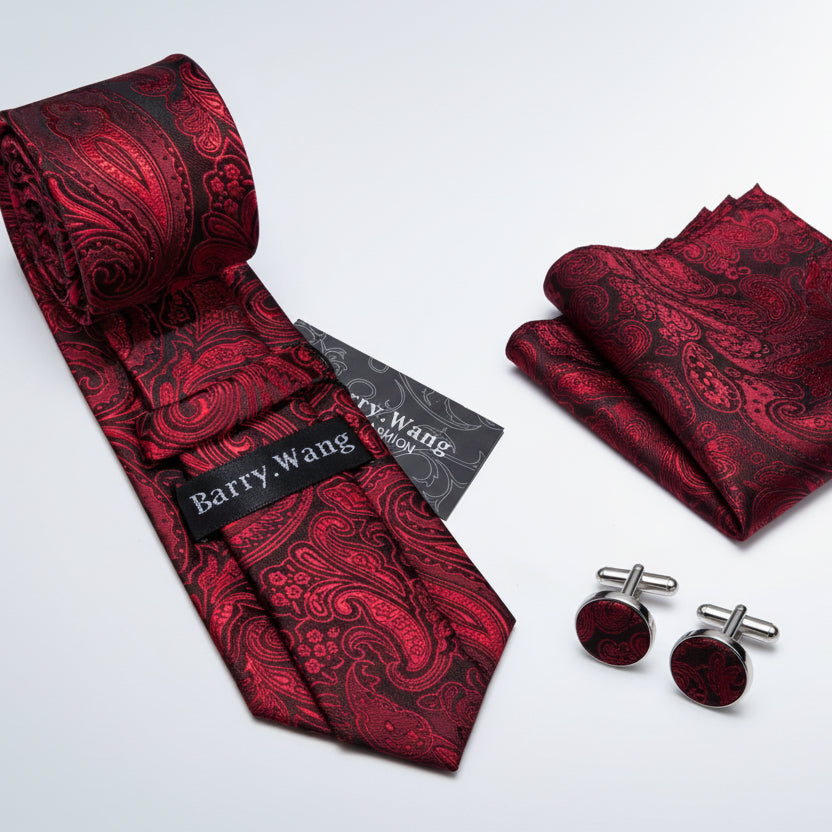 Red Black Paisley Necktie Set